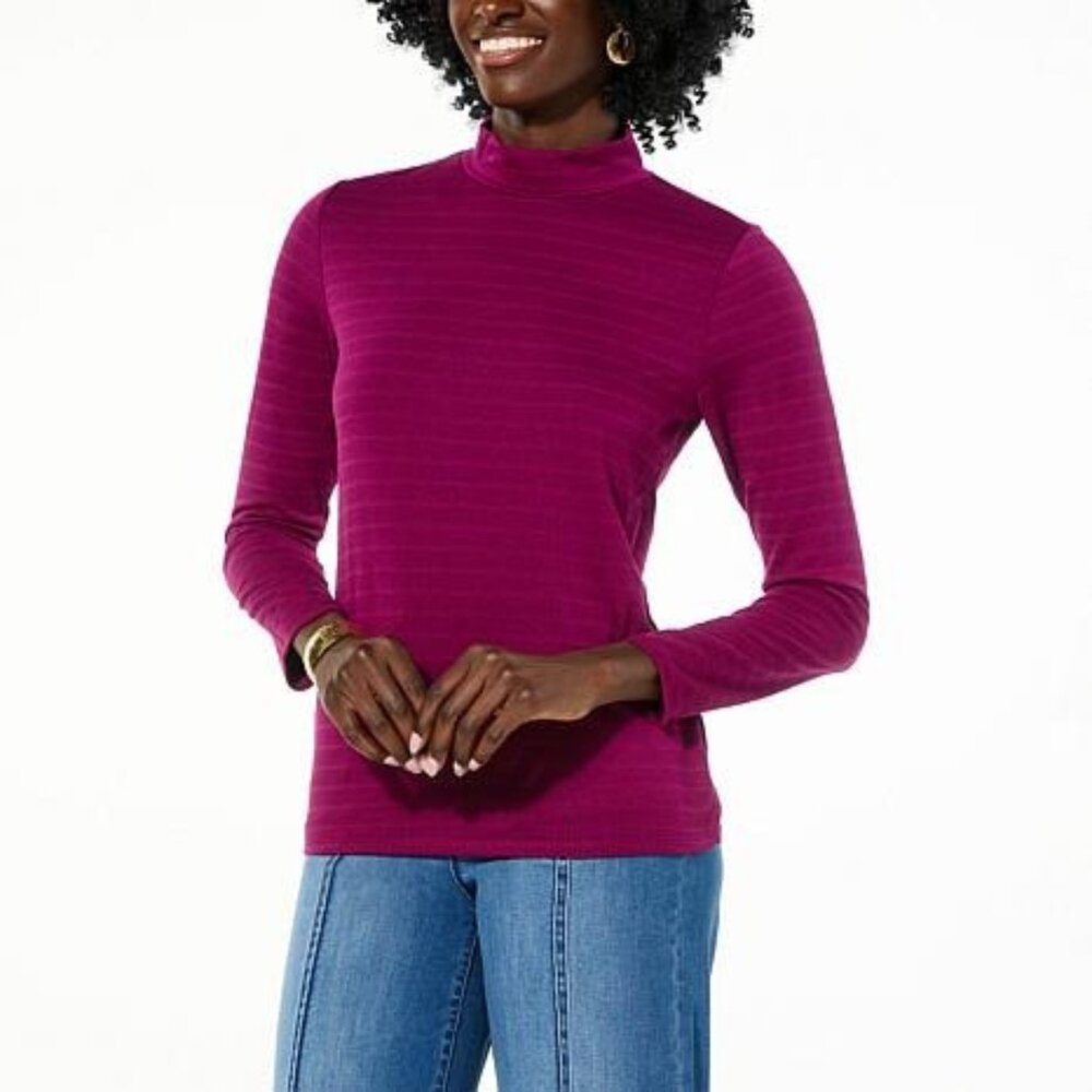 TWRHLL Christie Brinkley Mock Neck Top Size Medium Long Sleeve Purple Cozy Knit